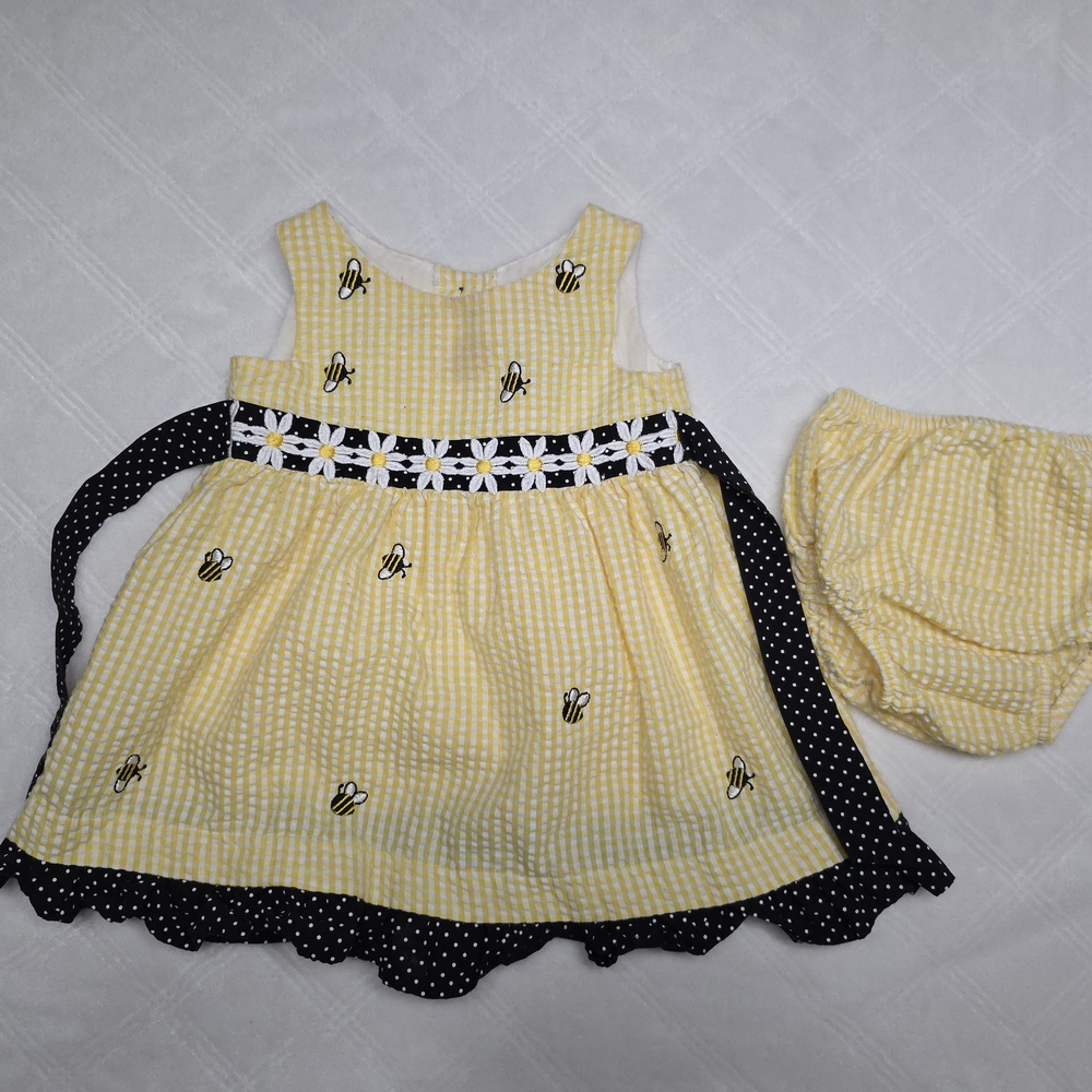 Yellow Gingham Bee Appliqué Baby Dress with Bloomer 12 Months